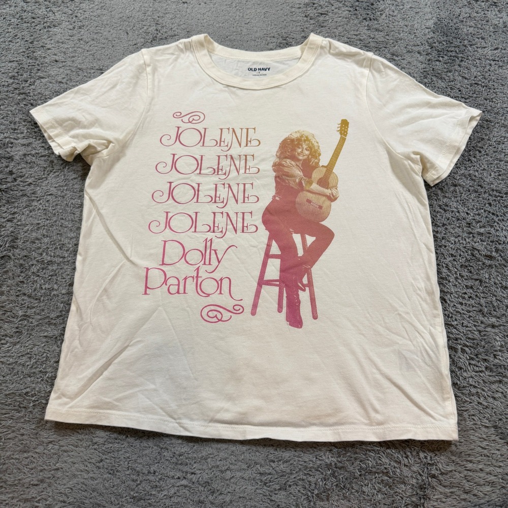 Old Navy Womens Dolly Parton Jolene Graphic T Shirt Small Cream 100% Cotton